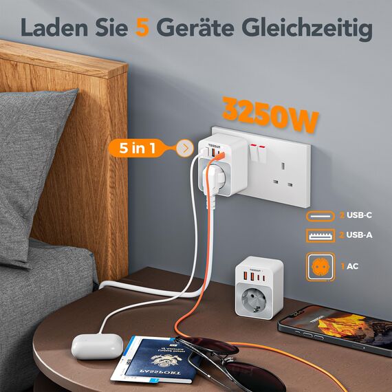 TESSAN 2 Stück Klappbarer Adapter England Deutschland Stecker, 5 in 1 Reiseadapter UK Adapter auf EU, Steckdosenadapter England 2 USB C und 2 USB A, Reisestecker Typ G für London, Schottland, Irland