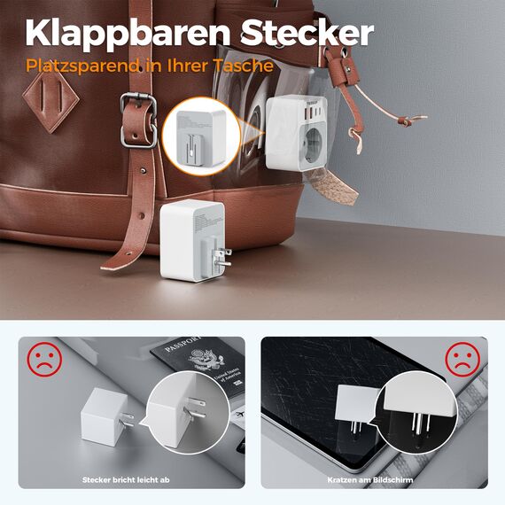 TESSAN 2 Stück Klappbarer USA Adapter Steckdose, 5 in 1 Adapter USA Deutschland Stecker 2 USB C und 2 USB A, Reiseadapter Kanada, Steckdosenadapter US für American Thailand Mexiko, Reisestecker Typ B