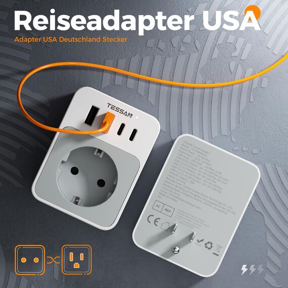 TESSAN USA Adapter Steckdose, 20W Reiseadapter USA mit 2 USB C und 2 USB A, 1875W Adapter Amerika Deutschland Stecker, Schnellladung, EU to US Reisestecker Typ B für Kanada Thailand Mexiko