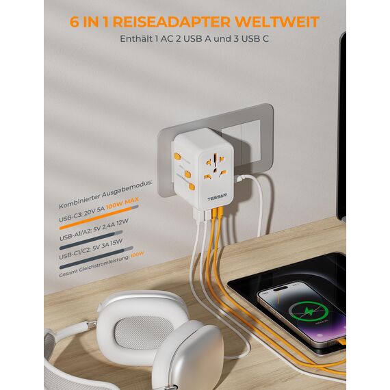 TESSAN 100W GaN Reiseadapter Weltweit, Schnellladung Adapter, Stromadapter mit 3 USB C und 2 USB A, Reisestecker für USA UK Italien Thailand Kanada Japan Australien, Steckdosenadapter