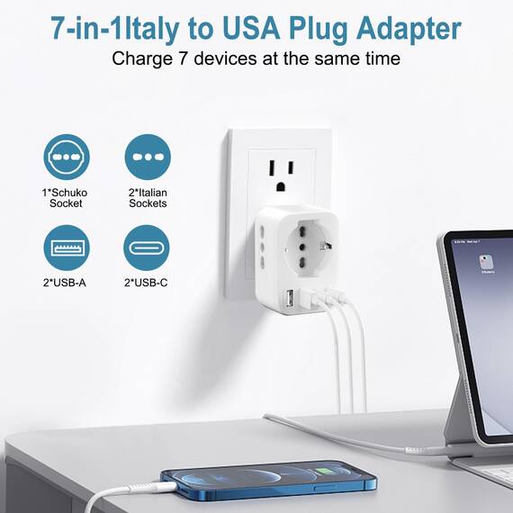 USA Adapter Steckdose, 7 in1 Reiseadapter USA Deutschland Stecker mit 2*USB-C,2*USB-A,1*AC, 2*Italien Steckdosen, EU to US Adapter, Steckdosenadapter Typ B für Amerika/Kanada/Thailand/Mexiko
