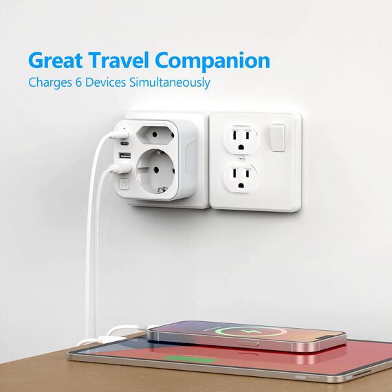 JSVER Reiseadapter USA, Typ B Adapter 2 Fach USA Deutschland Reisestecker Adapter mit 4 USB-Anschlüssen 2 C&2 A(3,4A 17W) Steckdosenadapter Typ B für für Amerika Kanada Mexiko (Weiß)