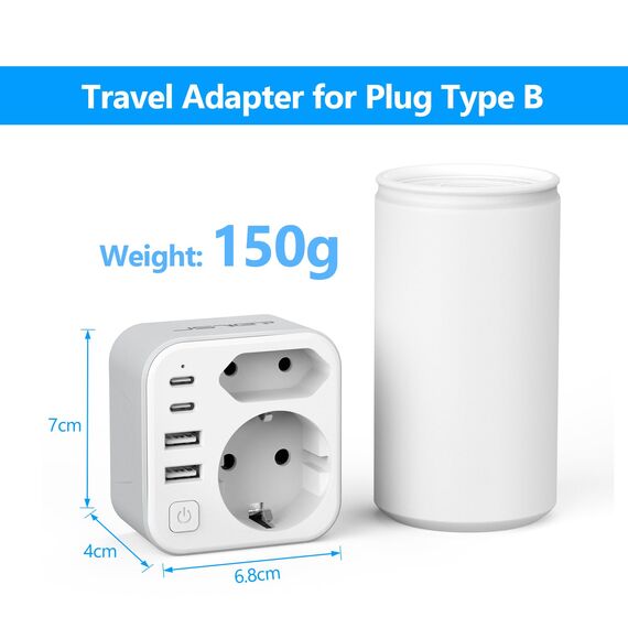 JSVER Reiseadapter USA, Typ B Adapter 2 Fach USA Deutschland Reisestecker Adapter mit 4 USB-Anschlüssen 2 C&2 A(3,4A 17W) Steckdosenadapter Typ B für für Amerika Kanada Mexiko (Weiß)