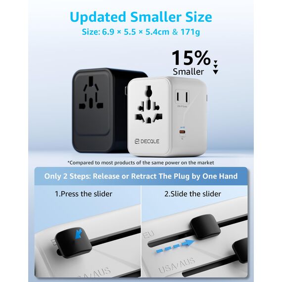 decqle Reiseadapter Weltweit, Universal Reisestecker mit 3 USB-C (GaN 45W), 2 USB-A und 1 AC Steckdose, Internationaler Steckdosenadapter, AC Adapter Universaladapter für EU, UK, US, AU (Weiß)