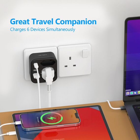 JSVER Reiseadapter UK 2 Fach, Adapter England Deutschland Stecker Typ G Reisestecker mit 4 USB-Anschlüssen(2 USB C&2 A) Steckdosenadapter für England,Irland,Dubai,Malediven,HK,Singapur-Schwarz