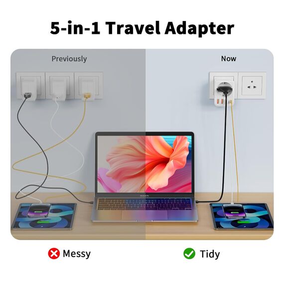 Oliveria Adapter Südafrika, 5 in 1 Reiseadapter Südafrika mit 1 AC & 2 USB-C & 2 USB-A(3.4A), 3-Polig Stecker für Südafrika, Lesotho, Mosambik, Namibia, Swasiland, Simbabwe - Reisestecker Typ M