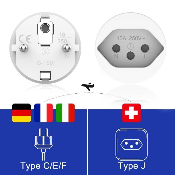 Reiseadapter Schweiz auf EU Adapterstecker, 3 Stück Schweiz auf EU Reisestecker Adapter, Liechtenstein auf EU Adapterstecker 3 poliger Schweizer Stecker auf 2 polige DE Buchse Schweizer Steckdose