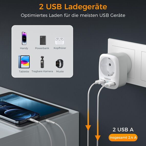 TESSAN 2 Pack Reiseadapter Indien mit USB, 3 in 1 Reisestecker Indien Stromadapter, Adapter für Sri Lanka, Nepal, 1 Fach Adapter Steckdose mit 2 USB, 2500W Typ D Steckdosenadapter Grau