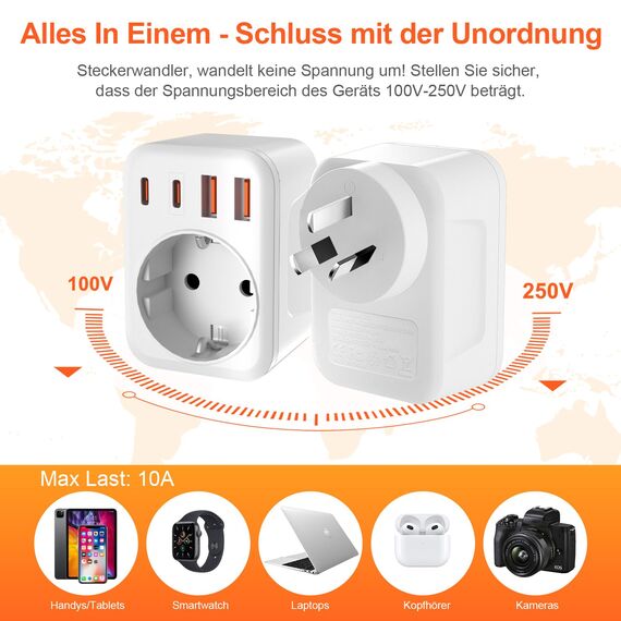 Denlane Adapter Australien, 5 in 1 Reiseadapter Australien mit 1 AC & 2 USB-C & 2 USB-A(3.4A), Adapter China Neuseeland Deutschland Stecker, Adaptor Argentinien Fidschi, Reisestecker Typ I