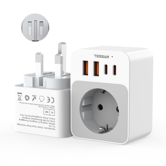 TESSAN Adapter England Deutschland Stecker, Faltbar 5 in 1 Reiseadapter Typ G mit 2 USB C und 2 USB A, Kleines klappbares Design, Steckdosenadapter für London Malta Irland Dubai, UK Adapter auf EU