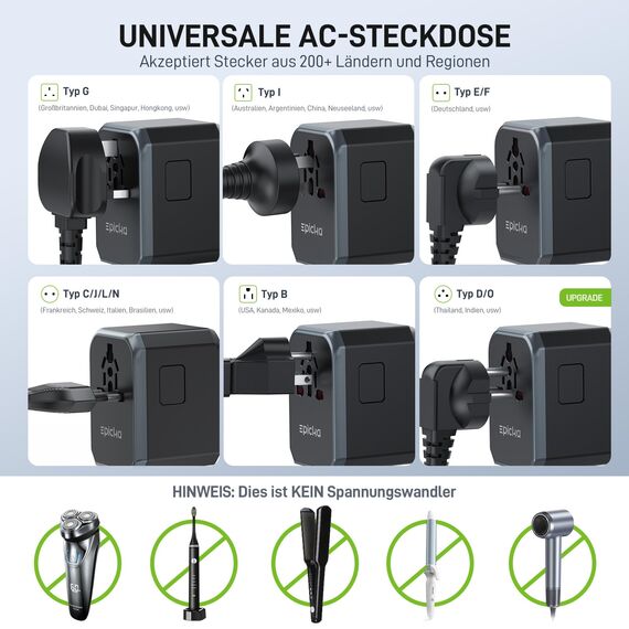 EPICKA Reiseadapter Weltweit, Universal Reisestecker Adapter 17W, Internationaler Steckdosenadapter mit 2 USB A und 2 USB C für Deutschland USA UK Japan Thailand Australien TA-104E