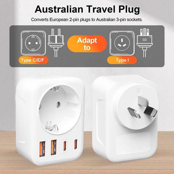 Adapter Australien,5 in 1 Reiseadapter Australien mit 2*USB-C, 2*USB-A(3.4A) und 1*AC, Adapter China Deutschland Stecker, Steckdosenadapter Typ I für EU zu China/Argentinien/Neuseeland
