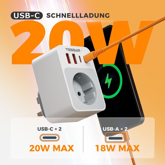 TESSAN Adapter England Deutschland Stecker, Faltbar 5 in 1 Reiseadapter Typ G mit 2 USB C und 2 USB A, Kleines klappbares Design, Steckdosenadapter für London Malta Irland Dubai, UK Adapter auf EU