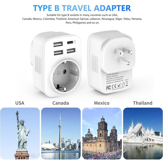 2 Stück USA Adapter Steckdose, 5-in-1 Reiseadapter USA Deutschland Stecker mit 1*USB-C, 3*USB-A(3.4A),1*AC, EU to US Adapter, Steckdosenadapter Typ B für EU zu Amerika/Kanada/Thailand/Mexiko