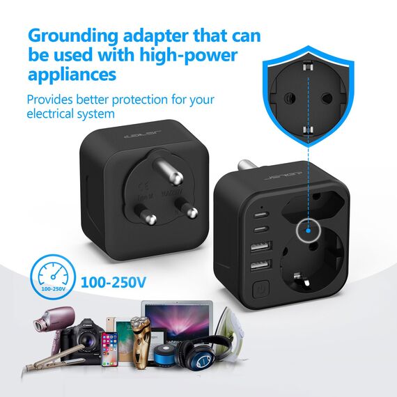 JSVER Reiseadapter South Africa, Typ-M Stecker mit 4 USB Ports (3.4A 17W), EU Reisestecker Adapter für Südafrika, Namibia, Bhutan, Lesotho (Schwarz)
