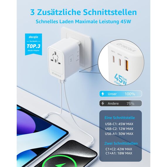 decqle Reiseadapter Weltweit, Universal Reisestecker mit 2 USB-C (GaN 45W), 1 USB-A und 1 AC Steckdose, Internationaler Steckdosenadapter, Universaladapter für EU, UK, US, AU (Weiß)