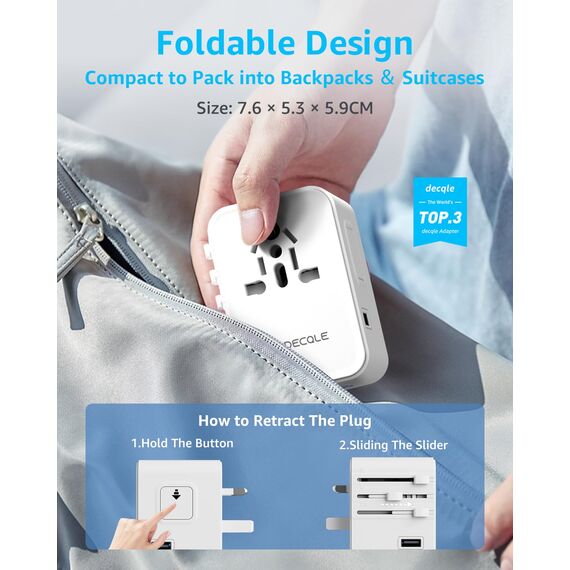 decqle Reiseadapter Weltweit, Universal Reisestecker mit 3 USB-C (30W), 2 USB-A und 1 AC Steckdose, Internationaler Steckdosenadapter, AC Adapter Universaladapter für EU, UK, US, AU (Weiß)