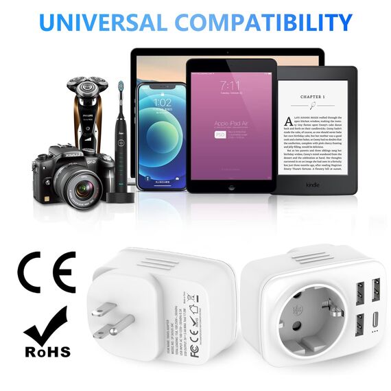 2 Stück USA Adapter Steckdose, 5-in-1 Reiseadapter USA Deutschland Stecker mit 1*USB-C, 3*USB-A(3.4A),1*AC, EU to US Adapter, Steckdosenadapter Typ B für EU zu Amerika/Kanada/Thailand/Mexiko