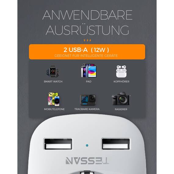 TESSAN 2 Pack Adapter südafrika mit USB, 3 in 1 Reiseadapter Südafrika, 1 Fach Steckdosenadapter mit 2 USB, 2500W Reisestecker Namibia, Adapter Typ M, Namibia, Lesotho