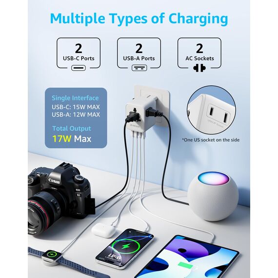 decqle Reiseadapter Weltweit, Universal Reisestecker mit 2 USB-C, 2 USB-A und 1 AC Steckdose, Internationaler Steckdosenadapter, AC Adapter Universaladapter für EU, UK, US, AU (Weiß)