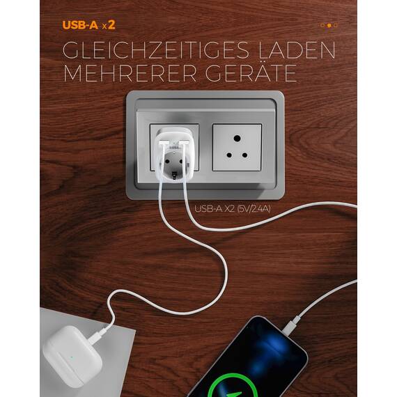 TESSAN 2 Pack Adapter südafrika mit USB, 3 in 1 Reiseadapter Südafrika, 1 Fach Steckdosenadapter mit 2 USB, 2500W Reisestecker Namibia, Adapter Typ M, Namibia, Lesotho