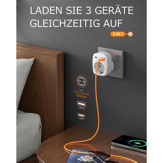 TESSAN 2er Pack Adapter England Deutschland Stecker, 3 in 1 Steckdosenadapter England mit USB C und USB A, 3250W UK Adapter, Stromadapter für Irland Malta Schottland Dubai, Reiseadapter Typ G