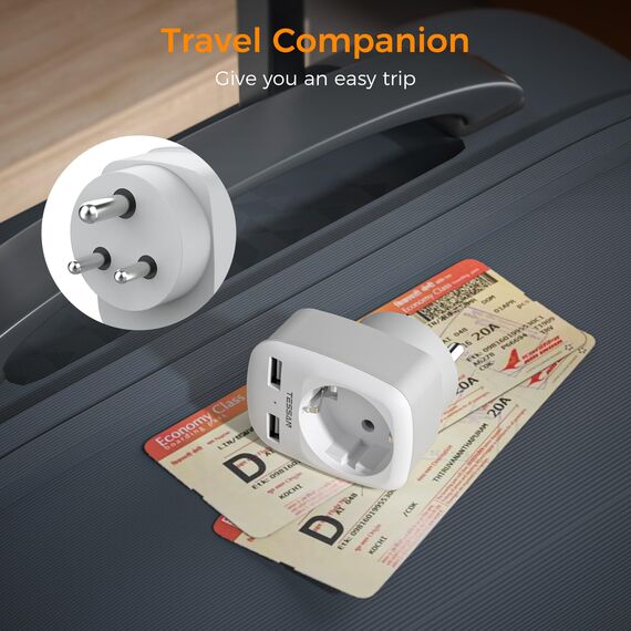 TESSAN 2 Pack Reiseadapter Indien mit USB, 3 in 1 Reisestecker Indien Stromadapter, Adapter für Sri Lanka, Nepal, 1 Fach Adapter Steckdose mit 2 USB, 2500W Typ D Steckdosenadapter Grau