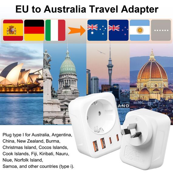 Adapter Australien,5 in 1 Reiseadapter Australien mit 2*USB-C, 2*USB-A(3.4A) und 1*AC, Adapter China Deutschland Stecker, Steckdosenadapter Typ I für EU zu China/Argentinien/Neuseeland