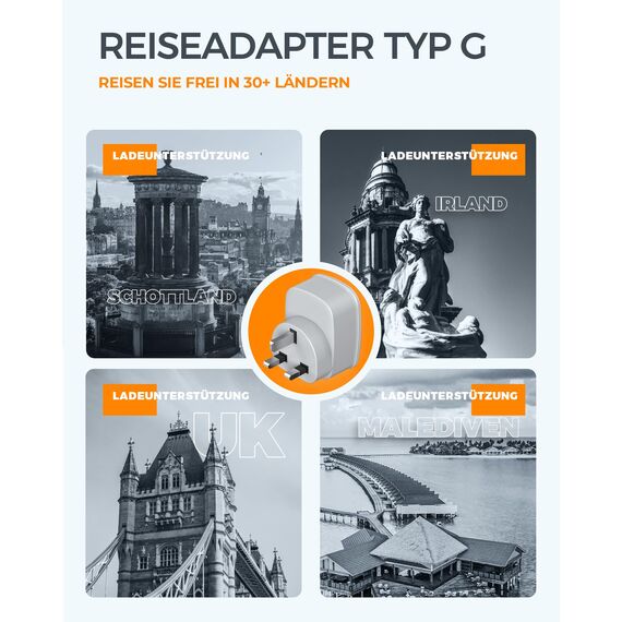 TESSAN 2er Pack Adapter England Deutschland Stecker, 3 in 1 Steckdosenadapter England mit USB C und USB A, 3250W UK Adapter, Stromadapter für Irland Malta Schottland Dubai, Reiseadapter Typ G