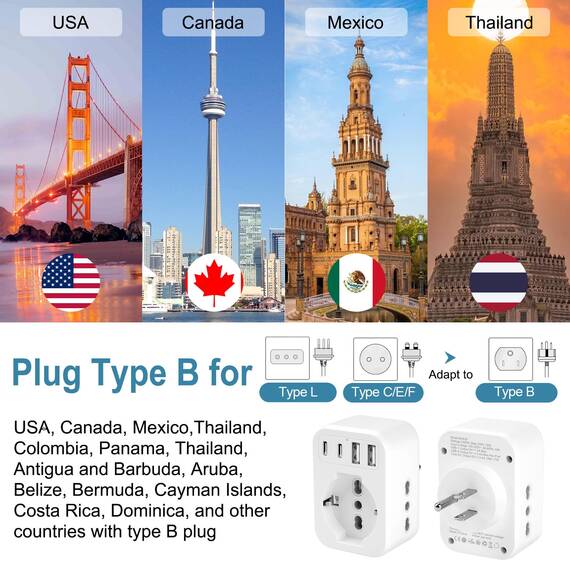 USA Adapter Steckdose, 7 in1 Reiseadapter USA Deutschland Stecker mit 2*USB-C,2*USB-A,1*AC, 2*Italien Steckdosen, EU to US Adapter, Steckdosenadapter Typ B für Amerika/Kanada/Thailand/Mexiko