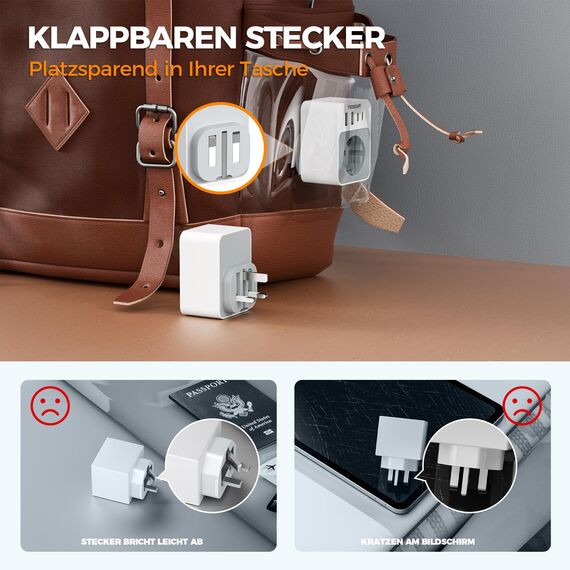 TESSAN Adapter England Deutschland Stecker, Faltbar 5 in 1 Reiseadapter Typ G mit 2 USB C und 2 USB A, Kleines klappbares Design, Steckdosenadapter für London Malta Irland Dubai, UK Adapter auf EU