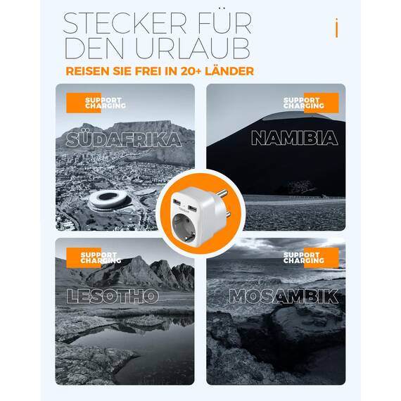 TESSAN 2 Pack Adapter südafrika mit USB, 3 in 1 Reiseadapter Südafrika, 1 Fach Steckdosenadapter mit 2 USB, 2500W Reisestecker Namibia, Adapter Typ M, Namibia, Lesotho