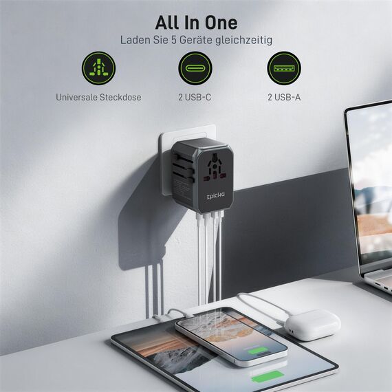 EPICKA Reiseadapter Weltweit, Universal Reisestecker Adapter 17W, Internationaler Steckdosenadapter mit 2 USB A und 2 USB C für Deutschland USA UK Japan Thailand Australien TA-104E