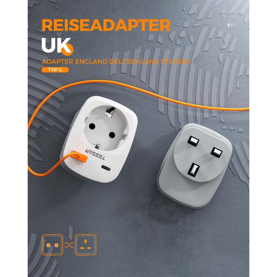 TESSAN 2er Pack Adapter England Deutschland Stecker, 3 in 1 Steckdosenadapter England mit USB C und USB A, 3250W UK Adapter, Stromadapter für Irland Malta Schottland Dubai, Reiseadapter Typ G