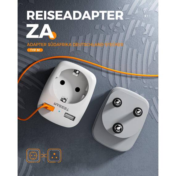 TESSAN 2 Pack Adapter südafrika mit USB, 3 in 1 Reiseadapter Südafrika, 1 Fach Steckdosenadapter mit 2 USB, 2500W Reisestecker Namibia, Adapter Typ M, Namibia, Lesotho