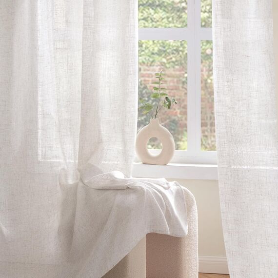 Woaboy Leinen Gardinen Weiß Vorhänge Wohnzimmer Halbtransparent mit Ösen Stores Gardine Leinenoptik Schlafzimmer Modern Ösenvorhang Schlaufengardinen 2er Set 140x225cm (BxH) Reines Weiß