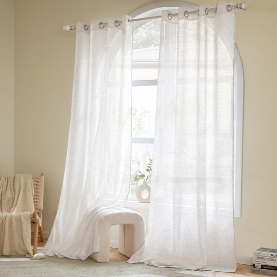Woaboy Leinen Gardinen Weiß Vorhänge Wohnzimmer Halbtransparent mit Ösen Stores Gardine Leinenoptik Schlafzimmer Modern Ösenvorhang Schlaufengardinen 2er Set 140x225cm (BxH) Reines Weiß