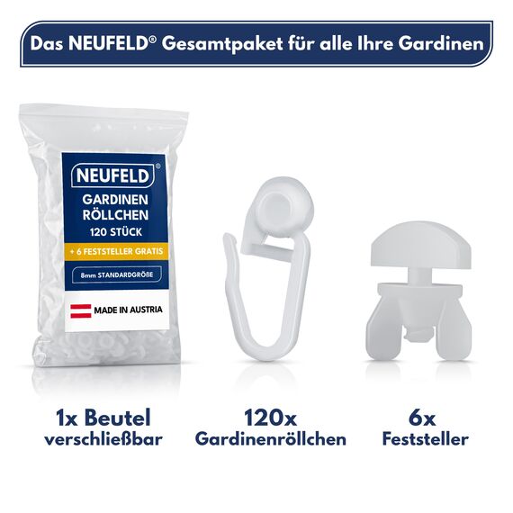 NEUFELD® 120 Gardinenröllchen für Innenlauf Schienen (inkl. 6 Feststeller) I Waschfeste Vorhangrollen I Gardinenhaken Gleiter [8mm Standardgröße] (120)