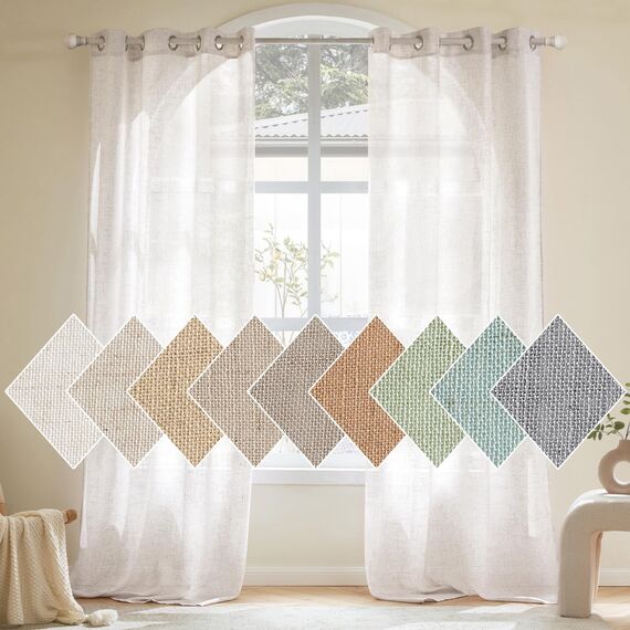 Woaboy Leinen Gardinen Weiß Vorhänge Wohnzimmer Halbtransparent mit Ösen Stores Gardine Leinenoptik Schlafzimmer Modern Ösenvorhang Schlaufengardinen 2er Set 140x225cm (BxH) Reines Weiß