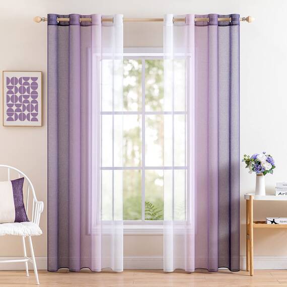 MIULEE 2er Set Voile Vorhang Zweifarbiger Vorhang mit Ösen Transparente Gardine Ösenschal Fensterschal Lichtdurchlässig für Schlafzimmer, 140x175cm, Lila