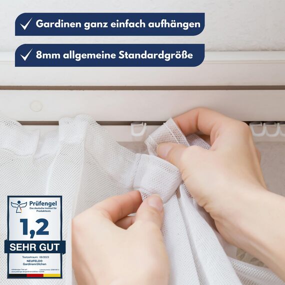 NEUFELD® 120 Gardinenröllchen für Innenlauf Schienen (inkl. 6 Feststeller) I Waschfeste Vorhangrollen I Gardinenhaken Gleiter [8mm Standardgröße] (120)