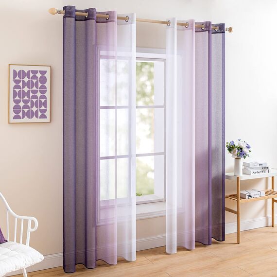 MIULEE 2er Set Voile Vorhang Zweifarbiger Vorhang mit Ösen Transparente Gardine Ösenschal Fensterschal Lichtdurchlässig für Schlafzimmer, 140x145cm, Lila