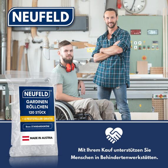 NEUFELD® 120 Gardinenröllchen für Innenlauf Schienen (inkl. 6 Feststeller) I Waschfeste Vorhangrollen I Gardinenhaken Gleiter [8mm Standardgröße] (120)