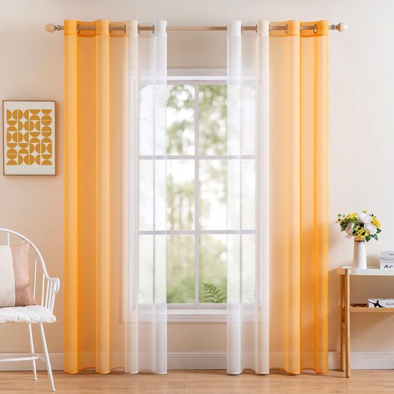 MIULEE 2er Set Voile Vorhang Zweifarbiger Vorhang mit Ösen Transparente Gardine Ösenschal Fensterschal Lichtdurchlässig für Schlafzimmer, 140x175cm, Orange