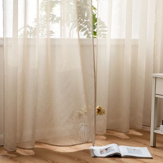 Woaboy Voile Gardinen Vorhänge Transparent Wohnzimmer mit Ösen Stores Gardinen Schlafzimmer Ösenvorhang Scheibengardine Schlaufengardinen Modern 2er Set 140x245 cm (B x H) Beige