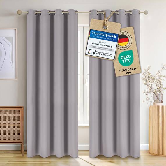 Blumtal Verdunklungsvorhänge 2er Set - Thermovorhang Hitzeschutz - Vorhang Blickdicht mit Ösen - Gardinenschals mit Schlaufen - Lärmschutzvorhang-Gardinen 175x140cm - Vorhänge Grau