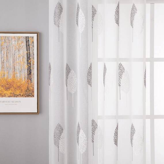 MIULEE Wohnzimmer Vorhänge Transparent mit Grau und Weiss Blätter Muster, Modern Stickerei Gardinen Ösen für Schlafzimmer Deko, 2er Set Schöne Blätter Muster Vorhang Fenster H 245 x B 140