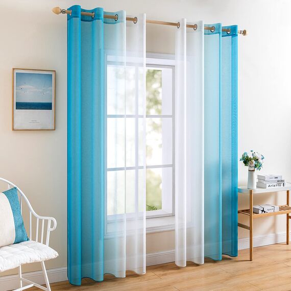 MIULEE 2er Set Voile Vorhang Zweifarbiger Vorhang mit Ösen Transparente Gardine Ösenschal Fensterschal Lichtdurchlässig für Schlafzimmer, 140x175cm, Wasserblau