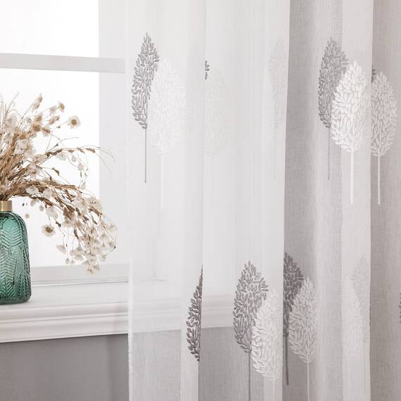 MIULEE Wohnzimmer Vorhänge Transparent mit Grau und Weiss Blätter Muster, Modern Stickerei Gardinen Ösen für Schlafzimmer Deko, 2er Set Schöne Blätter Muster Vorhang Fenster H 245 x B 140