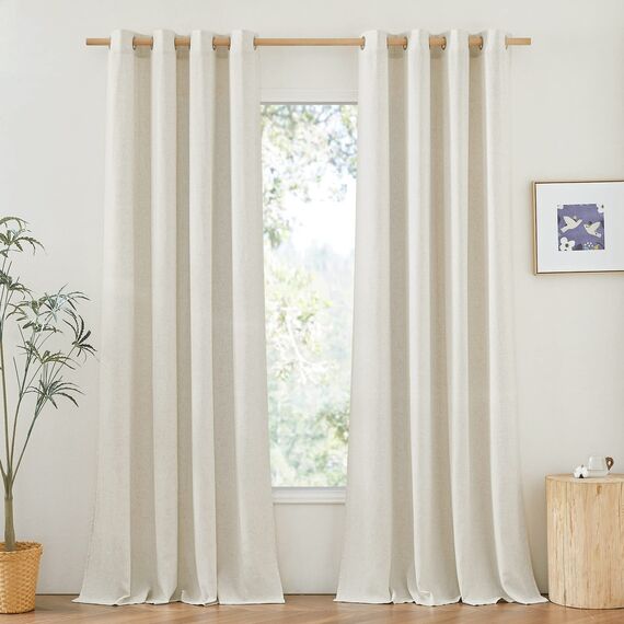 PONY DANCE Leinengardine mit Ösen Wohnzimmer Vorhänge Beige Halbtransparent 2er Set H 220 x B 140 cm Boho Gardine Leinenoptik Halbtransparent Linen Curtains for Bedroom